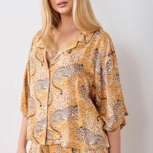Yellow leopard print button up shirt Eco Satin Sweet Dreams Top in Bagheera